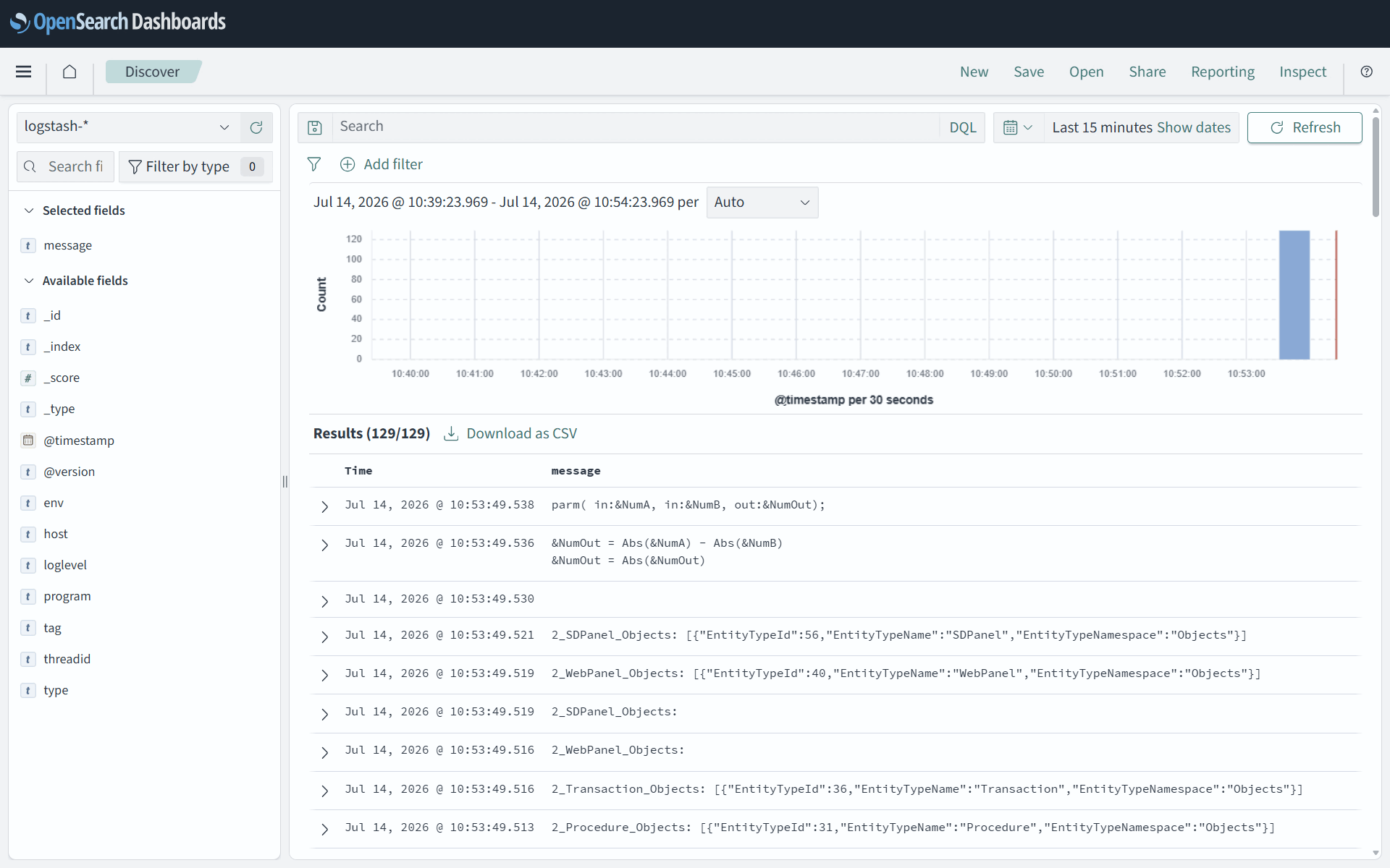 OpenSearch dashboard showing centralized logs with structured fields